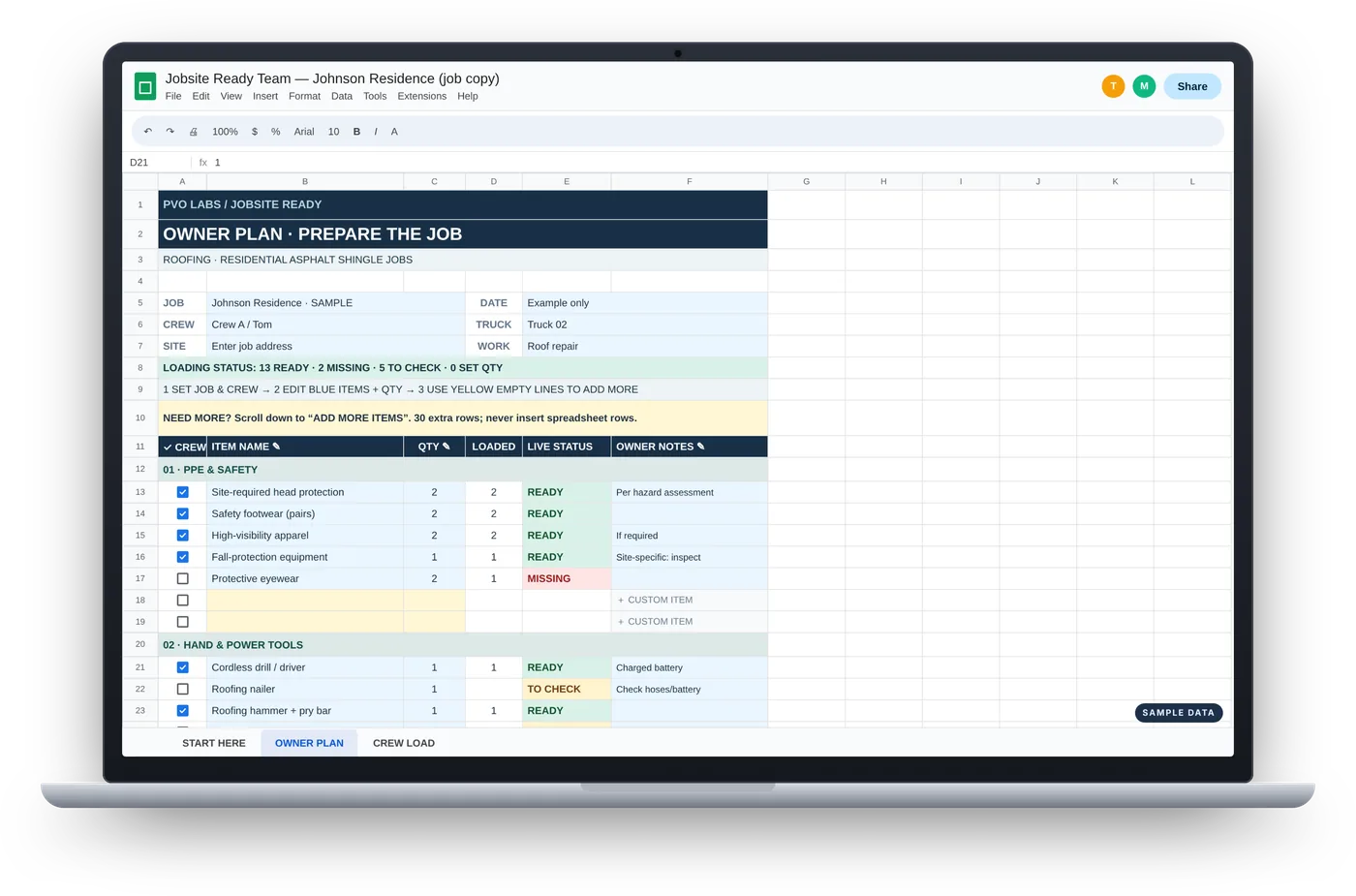 Laptop showing the OWNER PLAN tab of Jobsite Ready Team with sample data