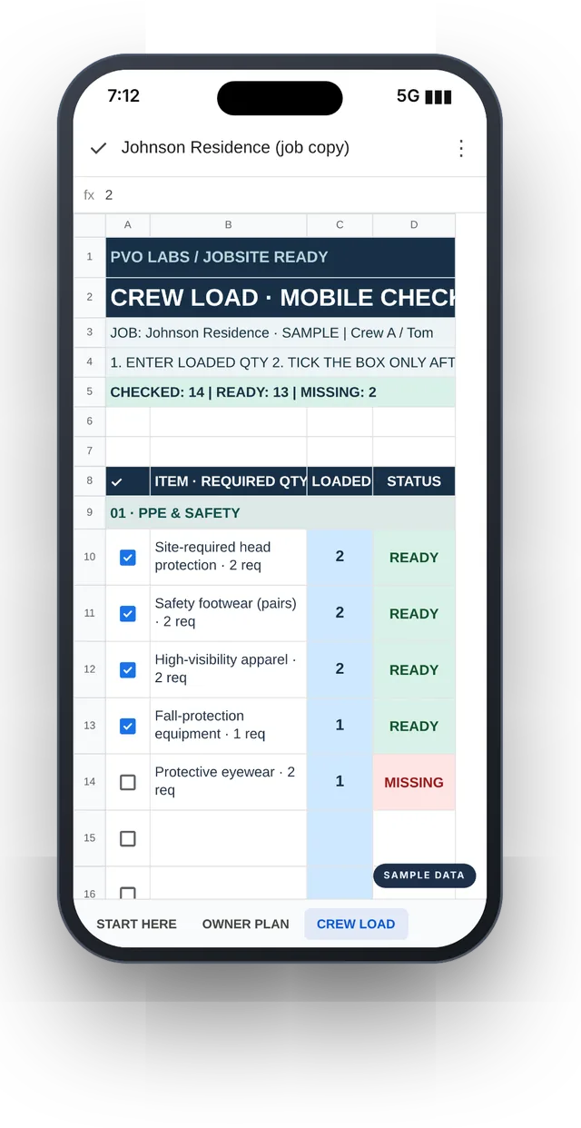 Phone showing the CREW LOAD tab of Jobsite Ready Team with sample data