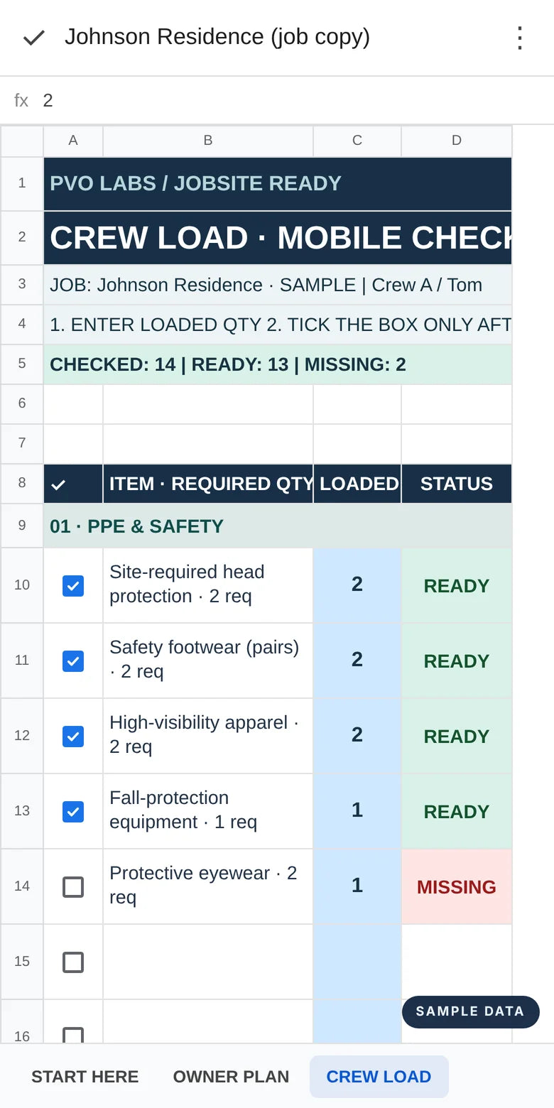 CREW LOAD tab on a phone: checkbox, item and required quantity, loaded quantity and status, with sample data