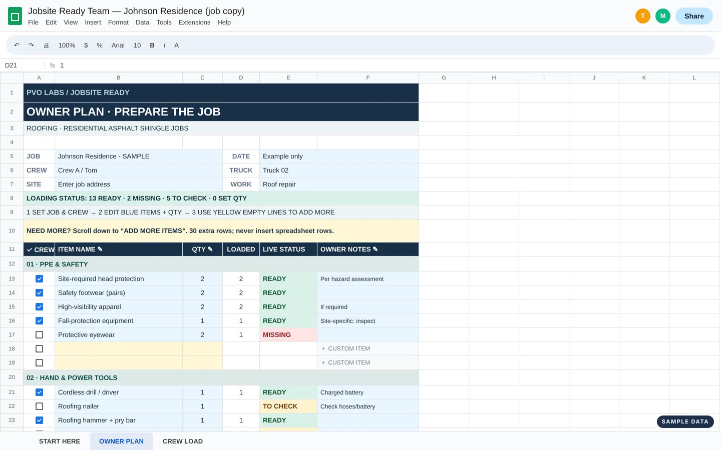OWNER PLAN tab: job details, item names, required quantities and live status, with sample data