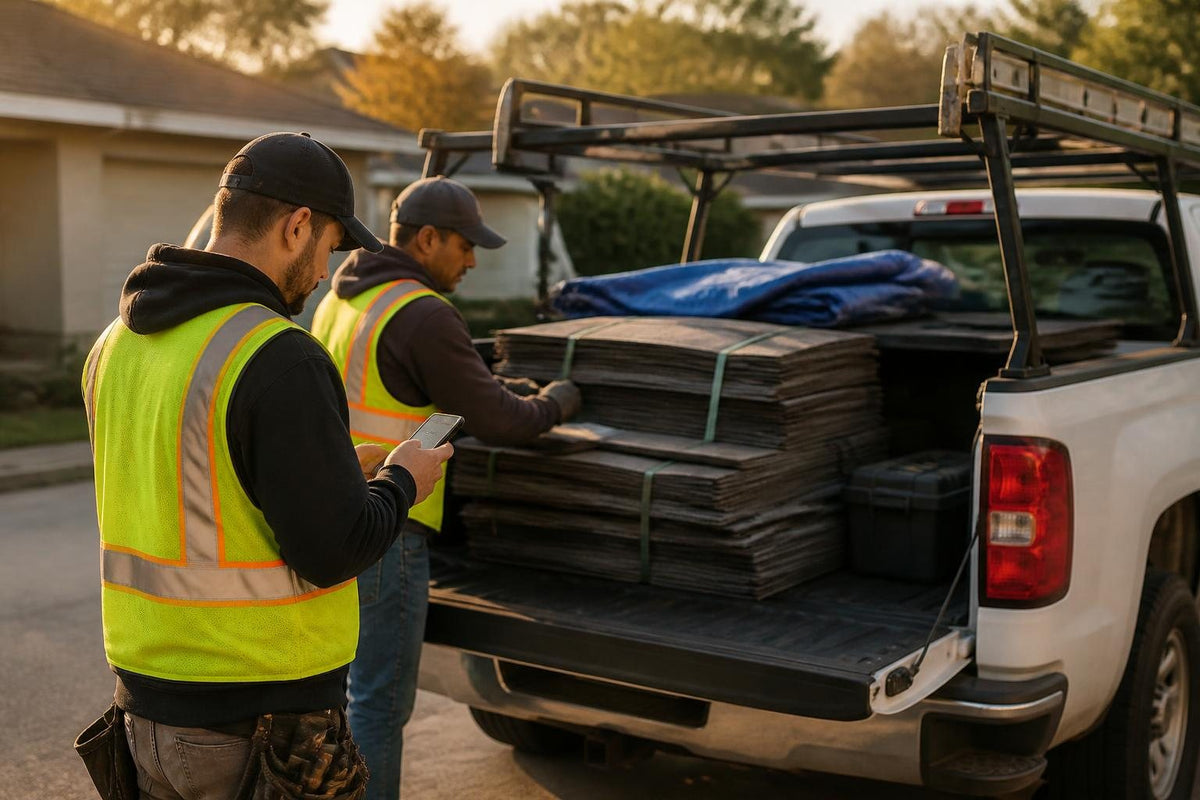 Roofing crew loading a pickup truck in the morning while checking a list on a phone