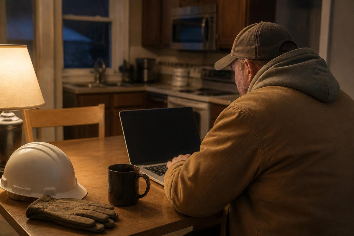 Roofing company owner planning tomorrow's job on a laptop at the kitchen table