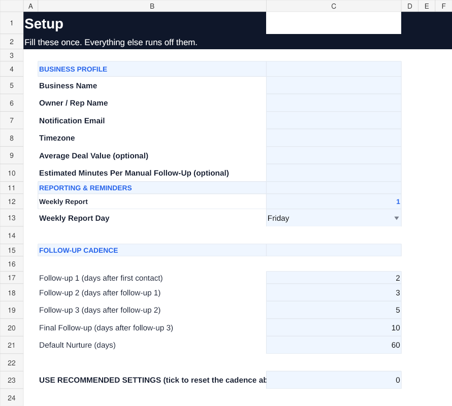 PVO Labs Lead Recovery System setup screen with business profile and follow-up cadence