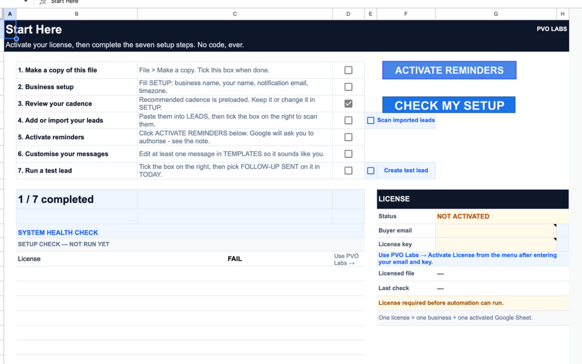 PVO Labs Lead Recovery System Start Here setup and license screen